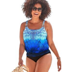 Plus Size Swimsuits For All Loop Blouson Blue Swimsuit Size 16 EUC #1639